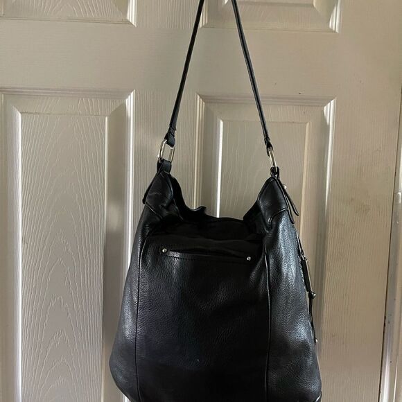 B Makowsky black leather bucket drawing string medium shoulder bag tasse… - Picture 3 of 13